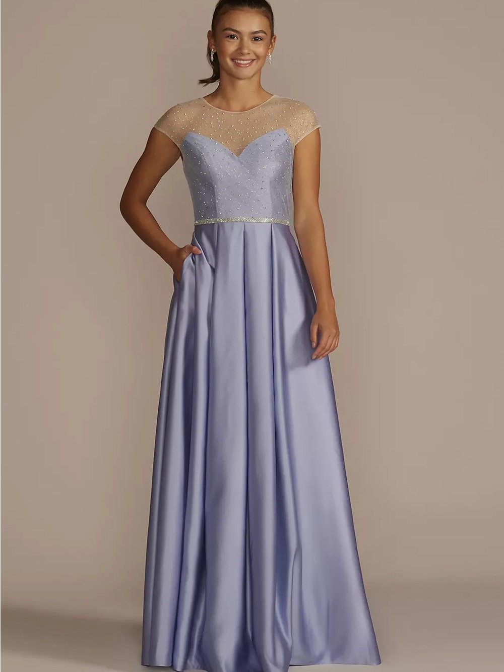 Elegant Lilac Evening Gown with Beaded Illusion Neckline